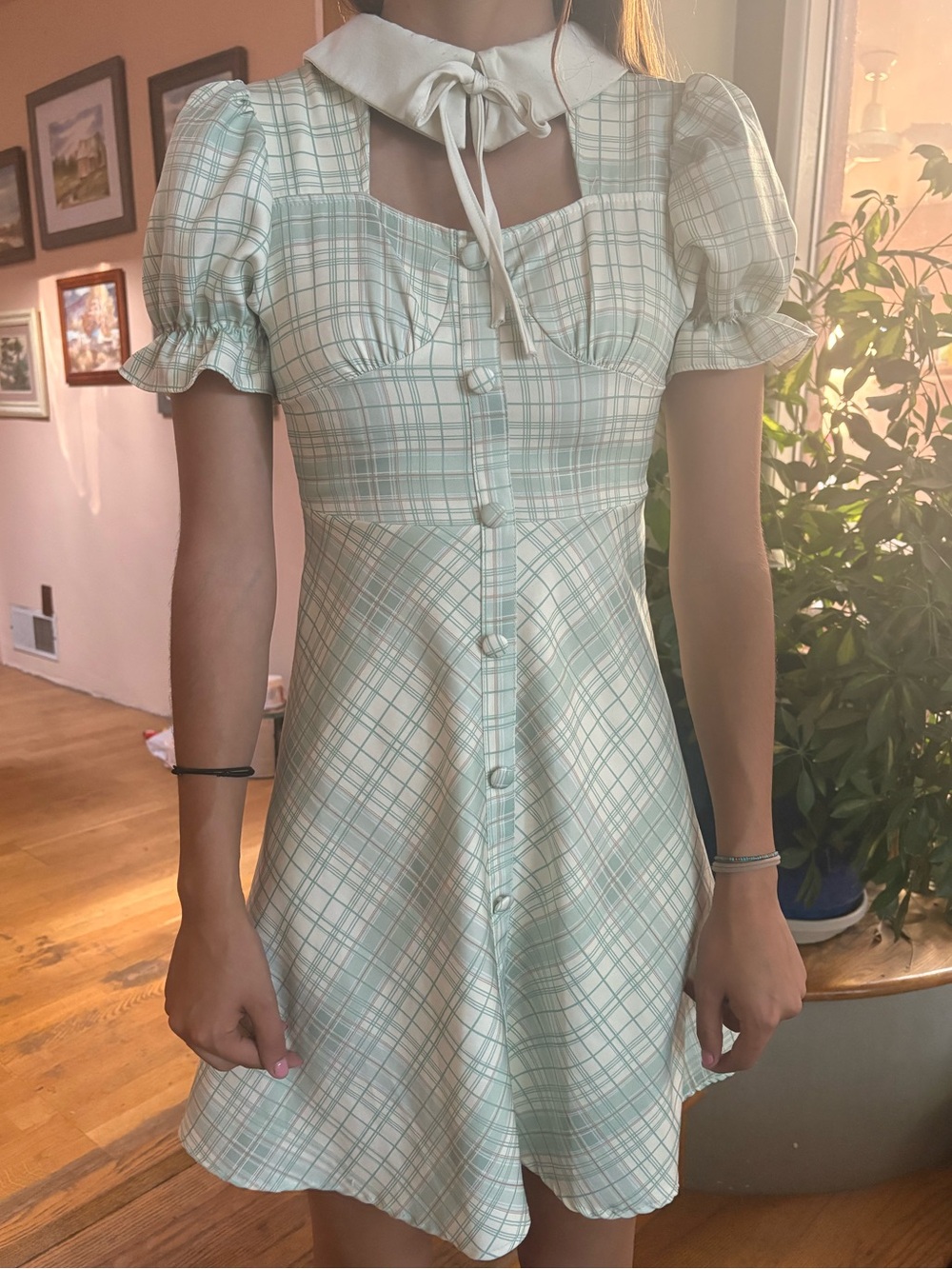 Vintage Mint Green Plaid Puff-Sleeve Mini Dress w/ Bow Collar Cut Out Detail XS